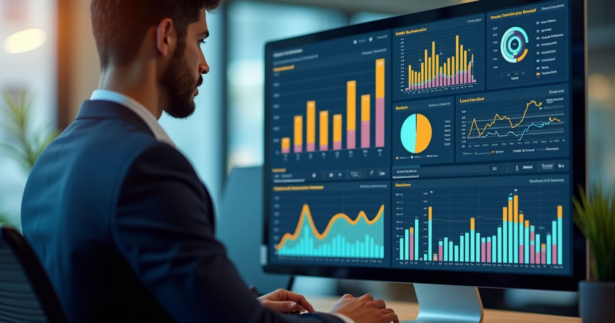 Analista avaliando gráficos de desempenho corporativo na tela de um computador. 