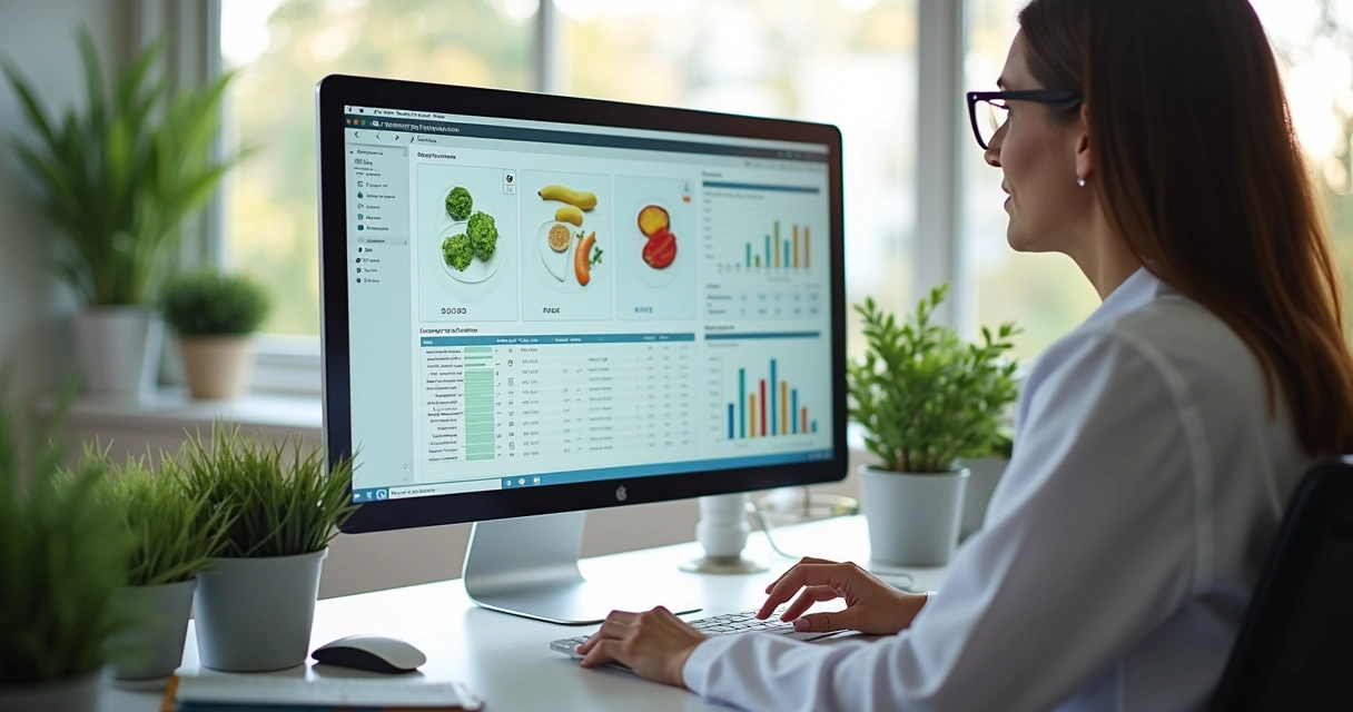 Nutricionista analisando dados digitais em tela grande 