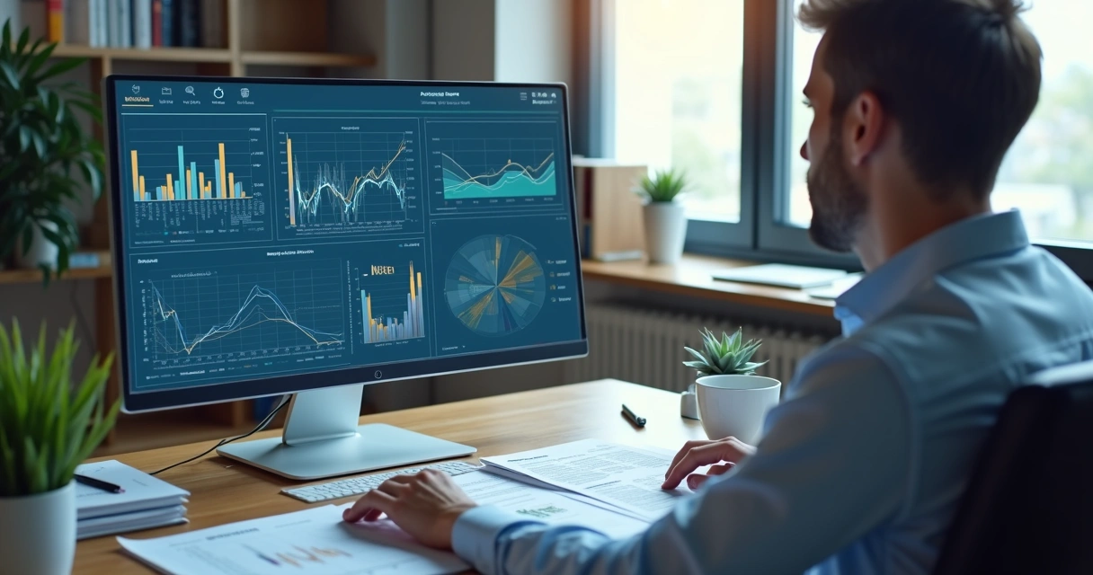 Especialista analisando gráficos de dados tributários na tela de um computador 