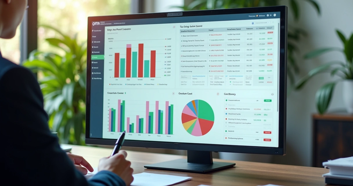Pessoa analisando dashboards com gráficos de dados tributários em ambiente corporativo