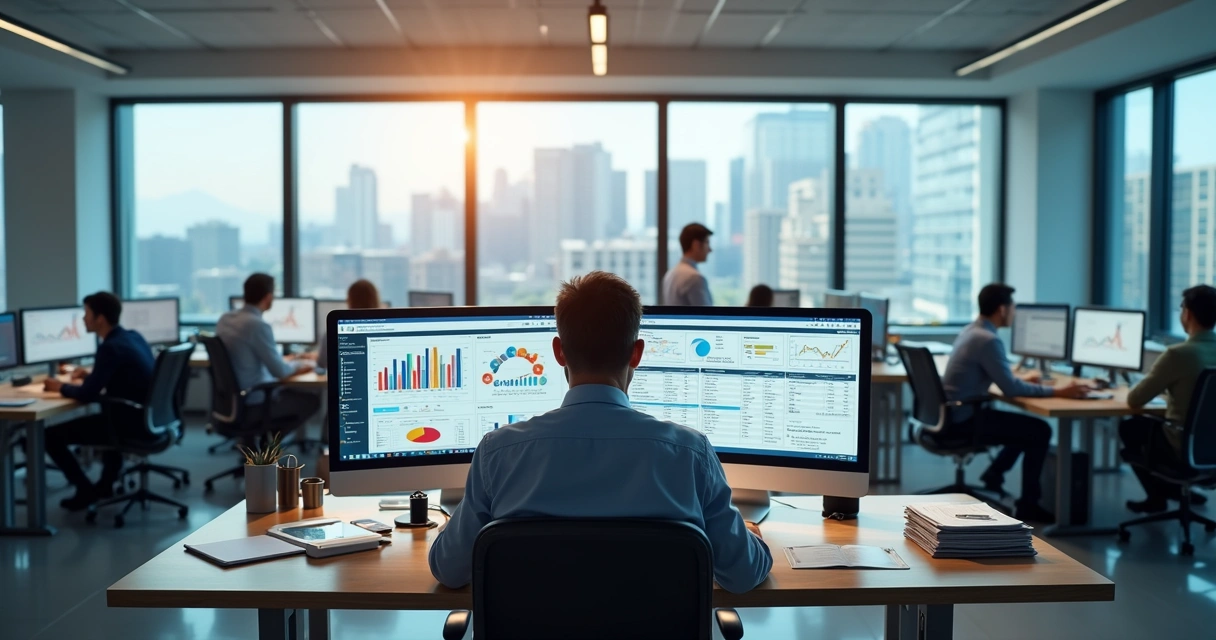 Profissional analisando relatórios fiscais na tela do computador 