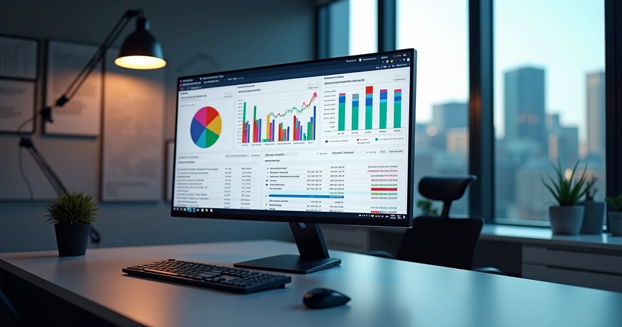 Computador com tela exibindo gráficos e tabelas detalhadas de dados tributários em ambiente de escritório moderno 