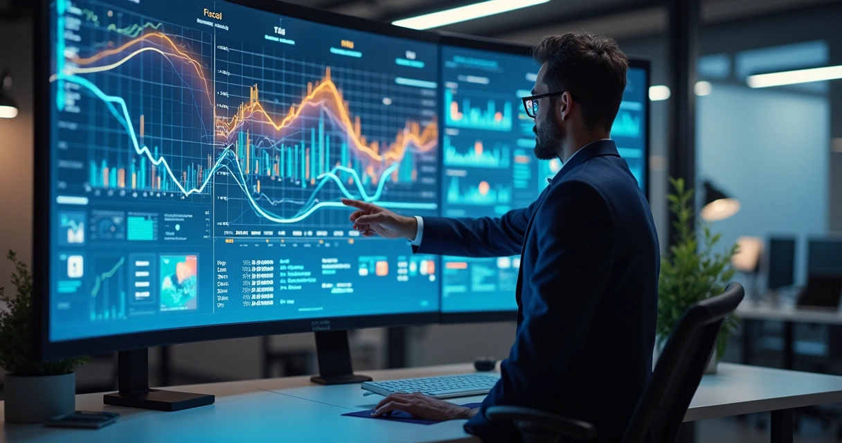 Profissional monitora gráficos fiscais em tela ampla 