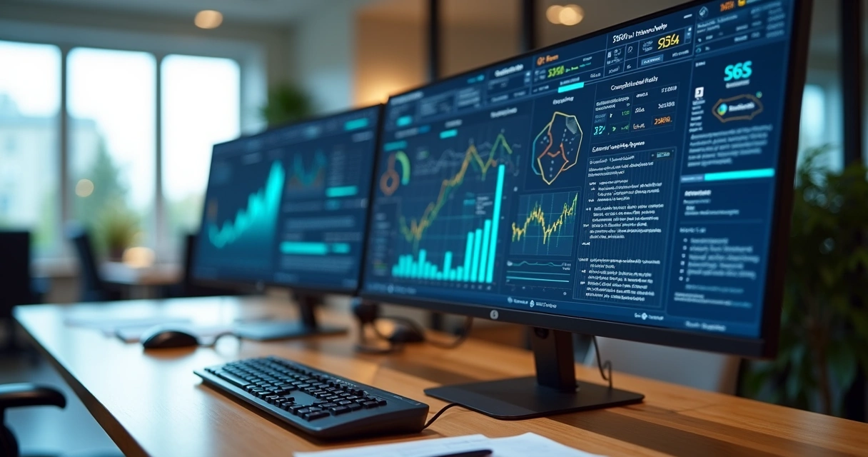 Computador com tela exibindo análises de dados tributários e gráficos financeiros detalhados 