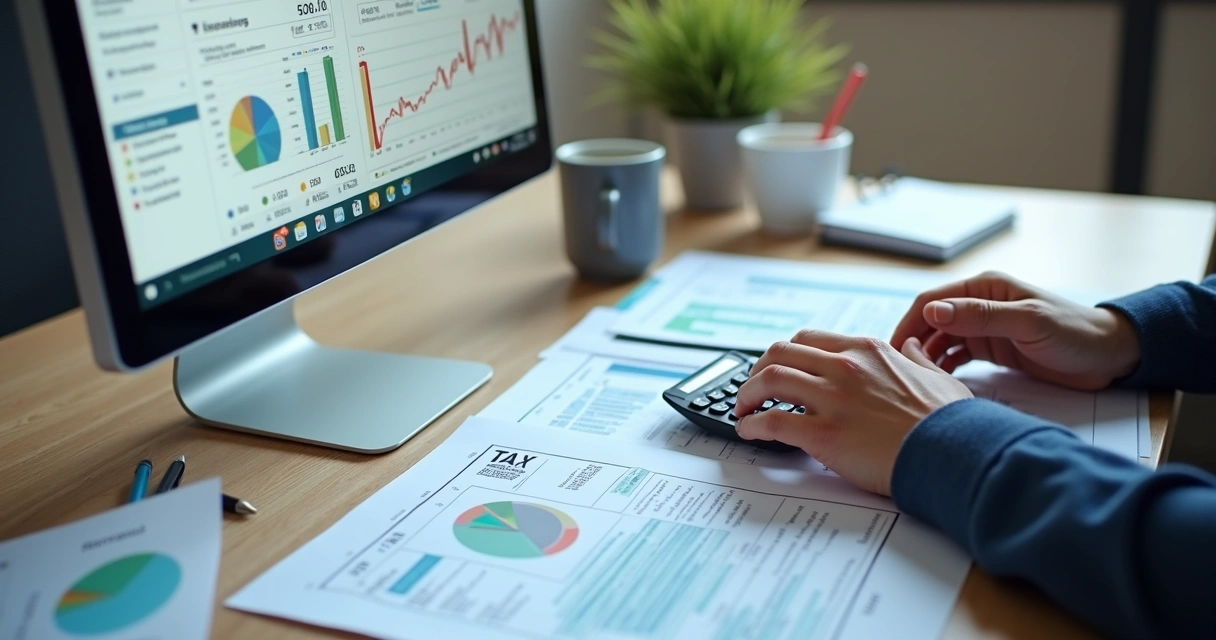 Profissional analisando demonstrativos fiscais e bancários em mesa de escritório