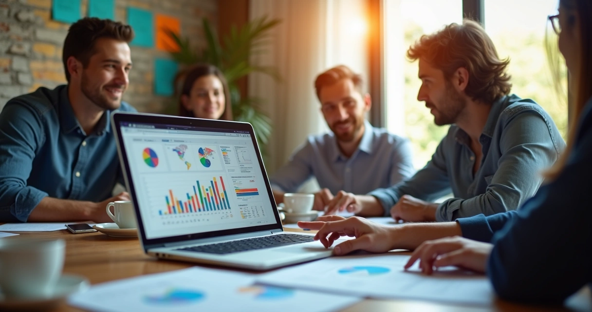 Equipe de turismo analisando gráficos de dados de eventos em um laptop 