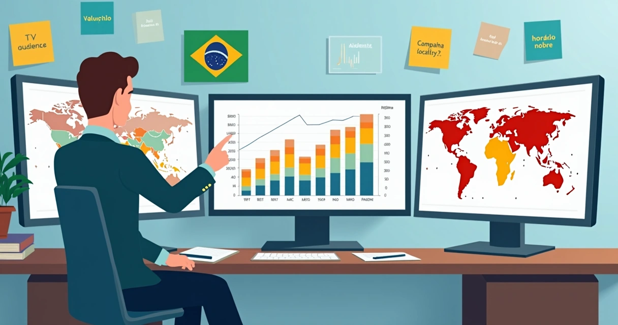 Profissional analisando dados de TV aberta em três telas simultâneas 