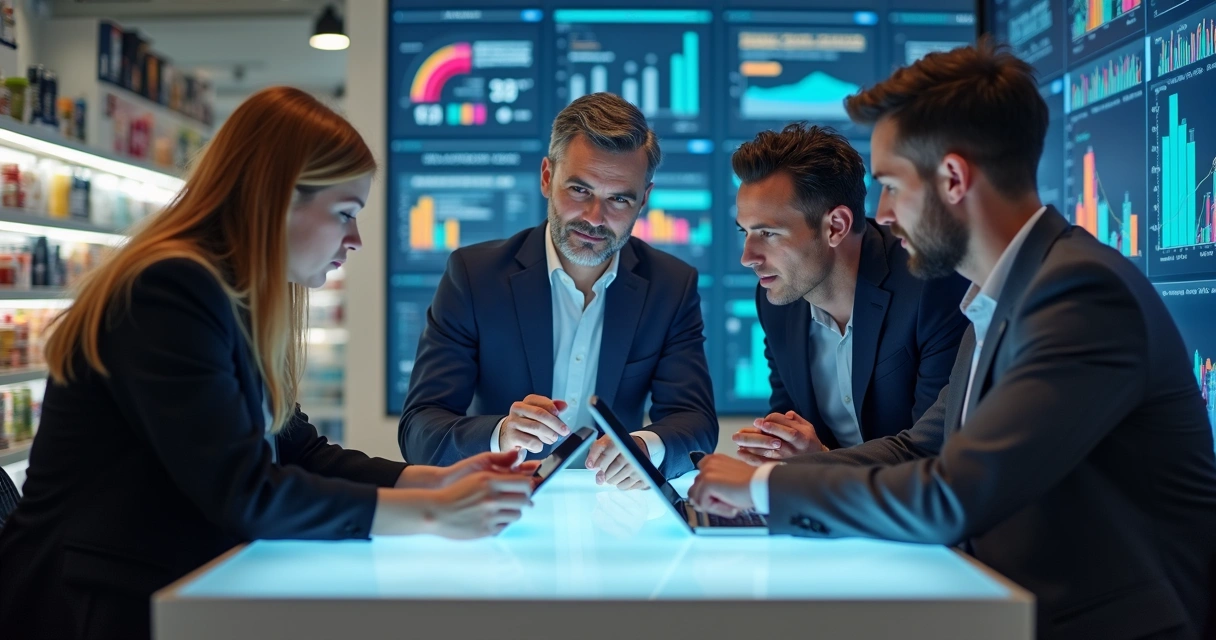 Equipe analisando gráficos de dados no varejo 