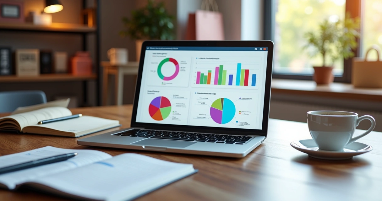 Mesa com laptop aberto mostrando gráficos de CRM, cadernos, canetas e café 