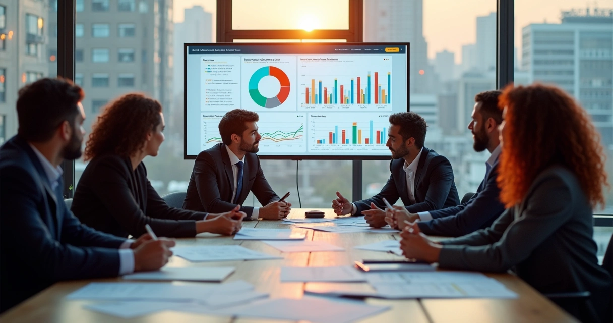 Profissionais analisando dados de vendas em telas digitais 