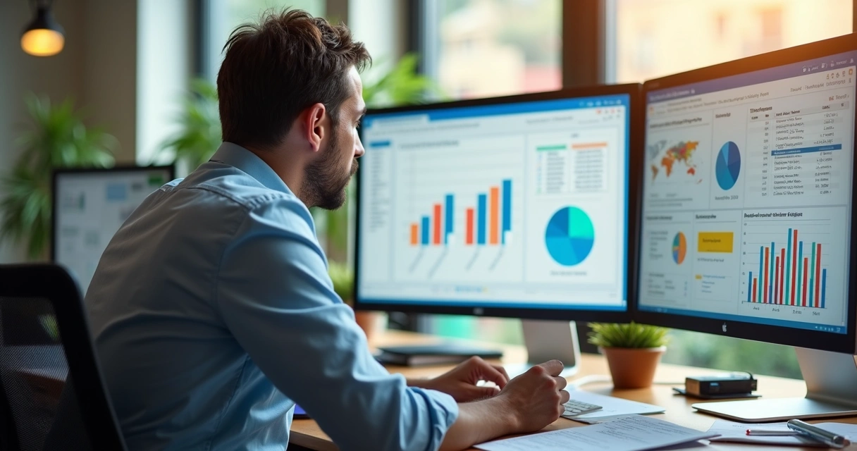 Profissional analisando gráficos e listas de leads em tela de computador. 