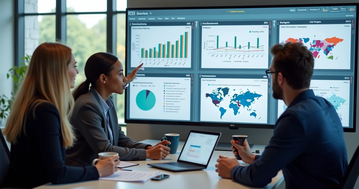 Guia de integrações para software de prospecção B2B na prática com CRM 2 Equipe analisa gráficos de vendas em telas digitais