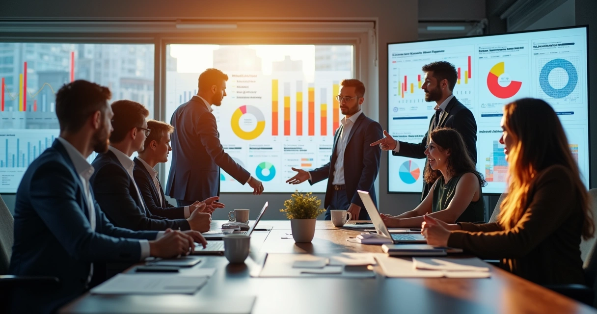 Equipe de vendas analisando dados em várias telas 