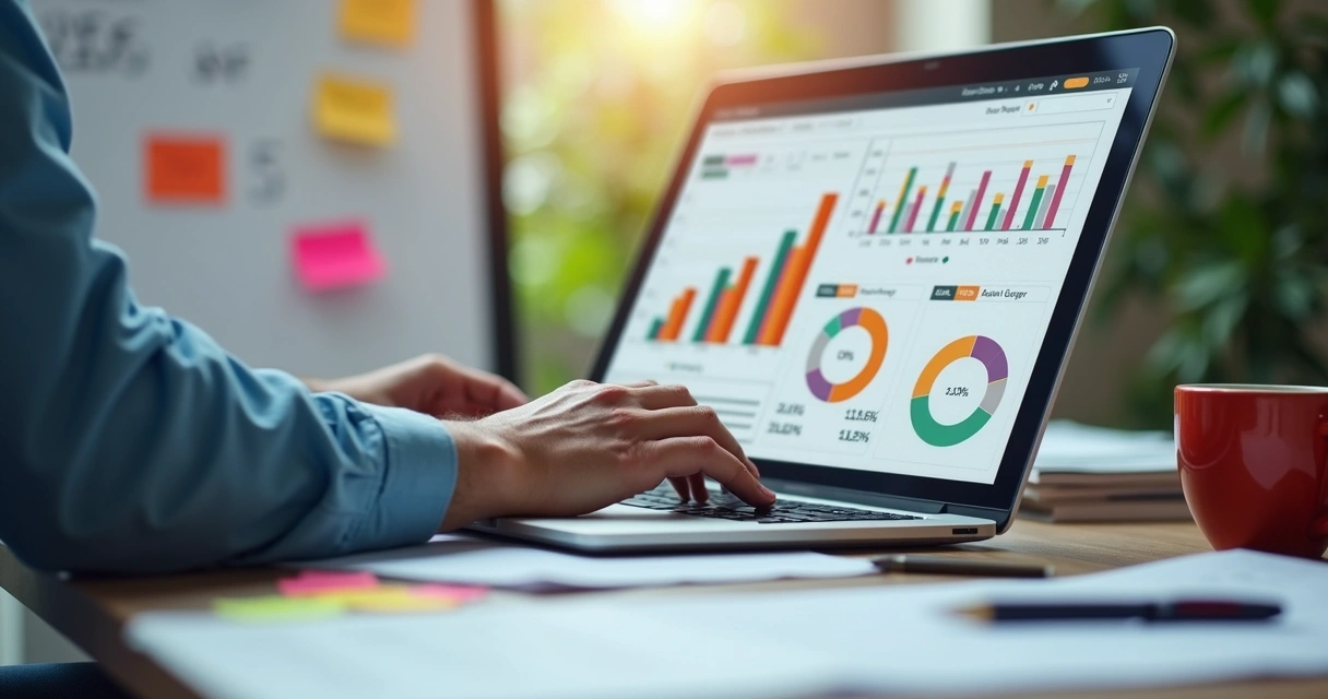 Profissional analisa gráficos e métricas de vendas no notebook 