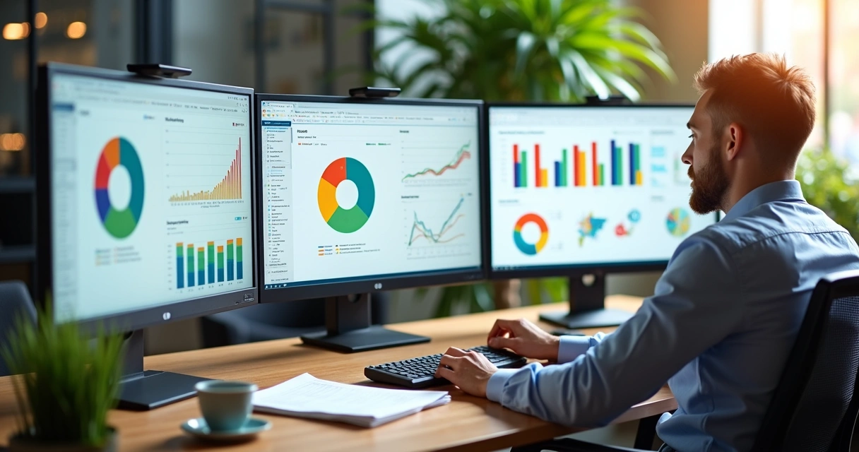 Analista examinando gráficos de vendas e perfis de clientes em múltiplas telas. 