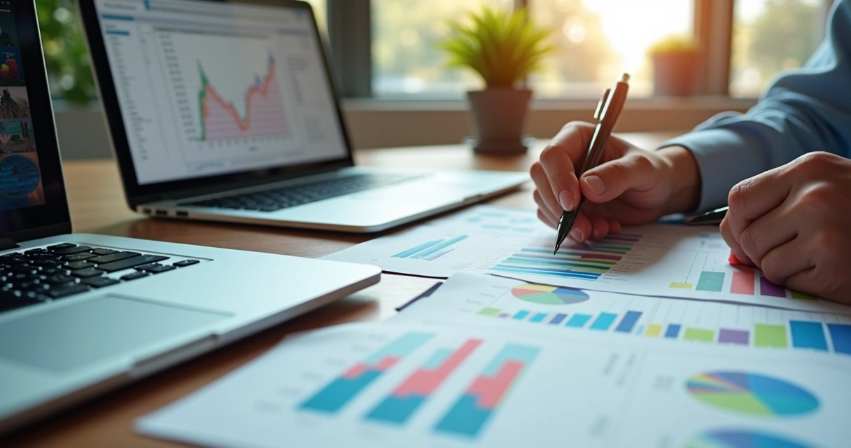 Gráficos coloridos e planilha de vendas na mesa de escritório 