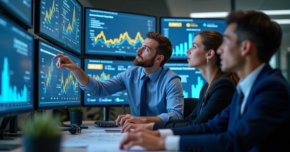 Equipe analisando dados detalhados em telas de computador 