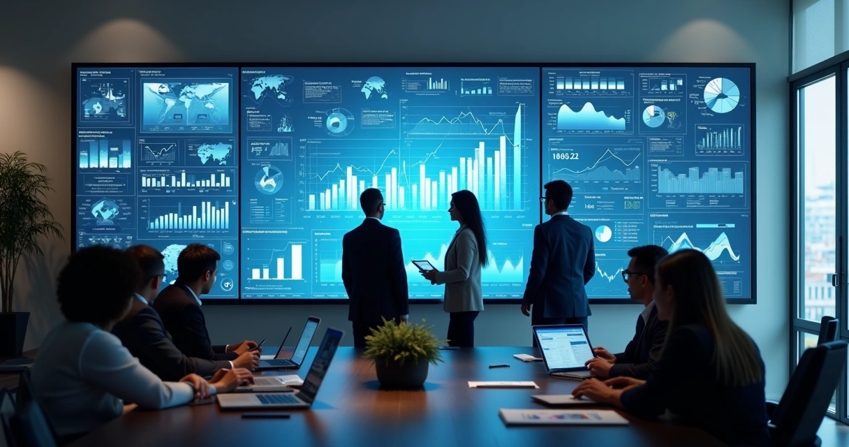 Profissionais analisando gráficos de vendas e dados digitais em tela 