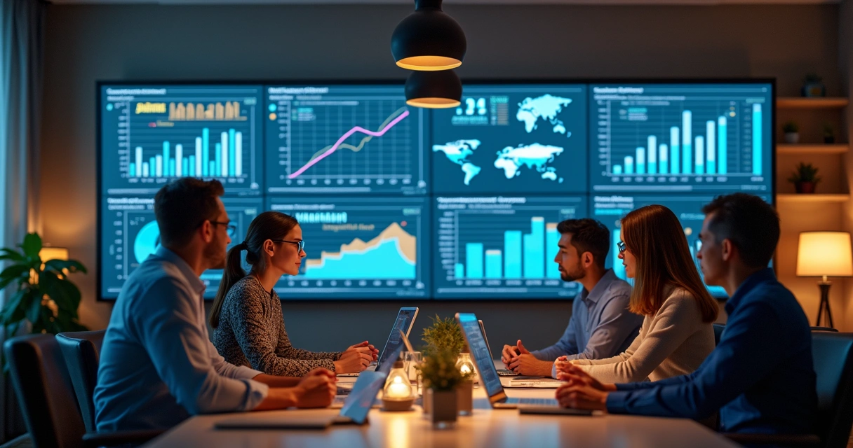 Equipe analisando métricas de vendas em um escritório