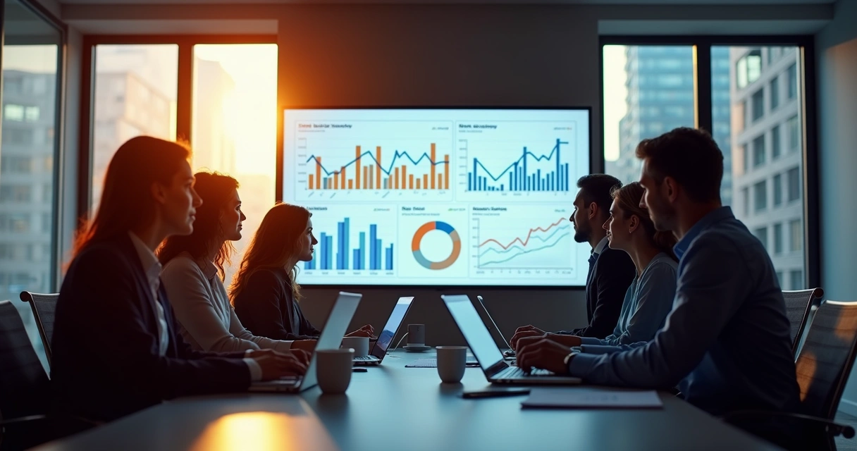 Equipe analisando gráficos de vendas e dados em uma sala de reuniões moderna
