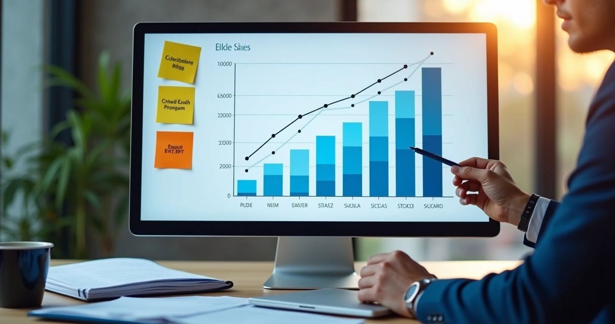 Análise gráfica de dados de vendas B2B em tela de computador, destacando resultados positivos 