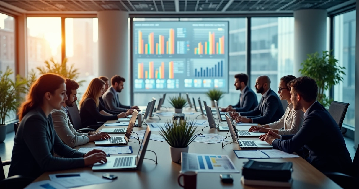 Gráfico interativo sendo analisado por equipe de vendas 