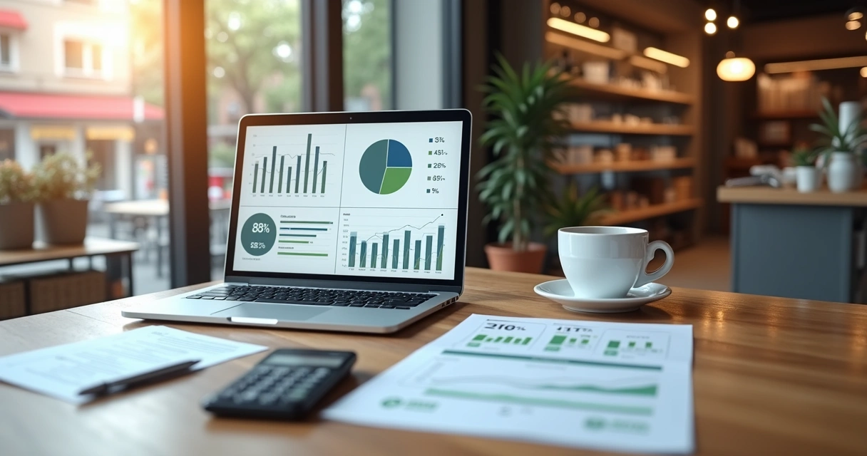 Mesa com notebook aberto mostrando gráficos de vendas, planilhas e uma calculadora ao lado 