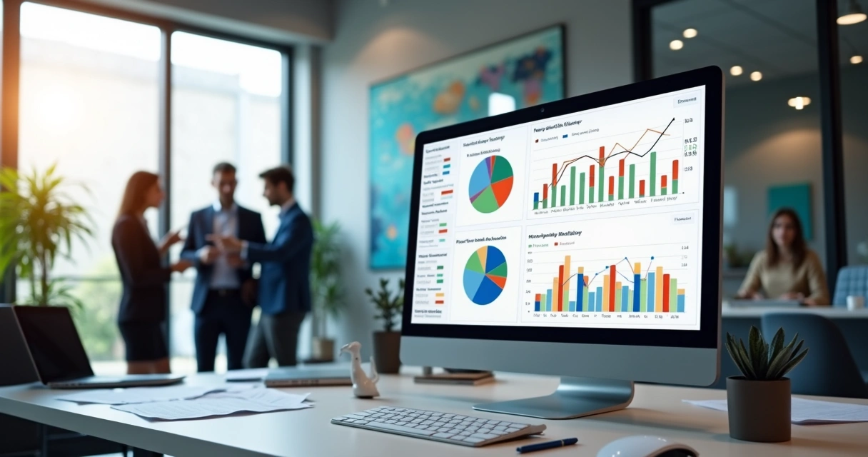 Tela de computador mostrando gráficos de vendas e análise de dados em CRM com equipe discutindo ao fundo 