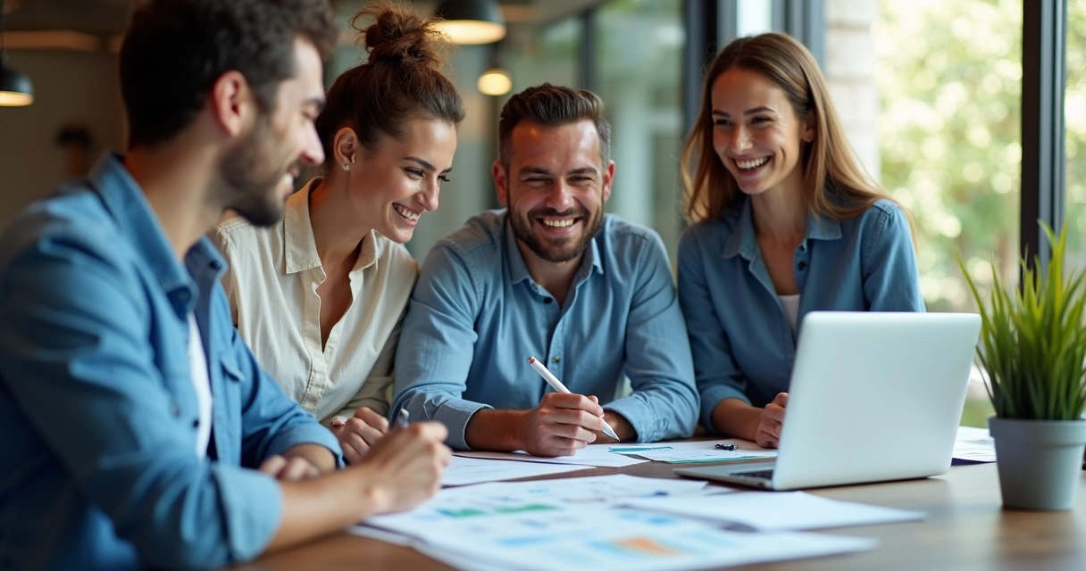 Gráfico de vendas crescendo em tela de notebook com equipe analisando resultados 