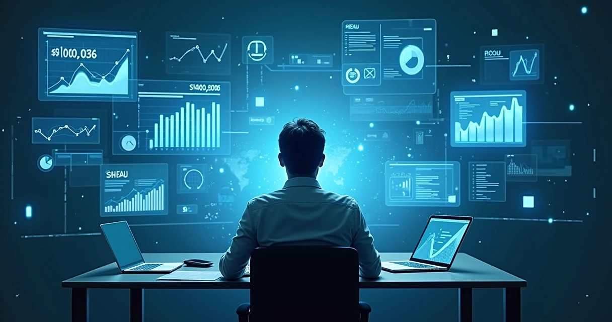 Executivo analisando gráficos digitais em vários dispositivos 