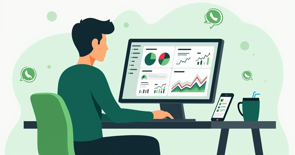 Profissional analisando métricas de grupos do WhatsApp no notebook 