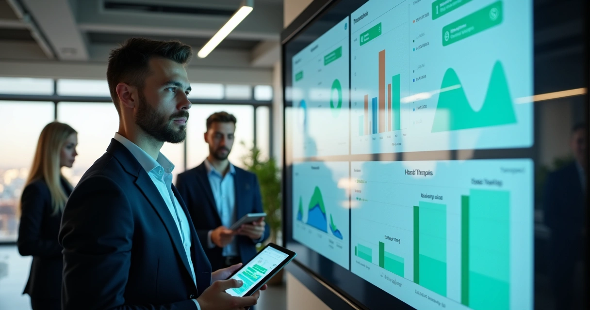 Gestor imobiliário analisando painel de dados com conversas de WhatsApp destacadas na tela 