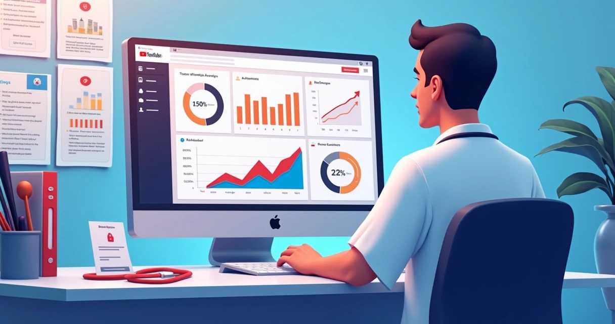 Dashboard com gráficos de análise de dados do YouTube em clínica 