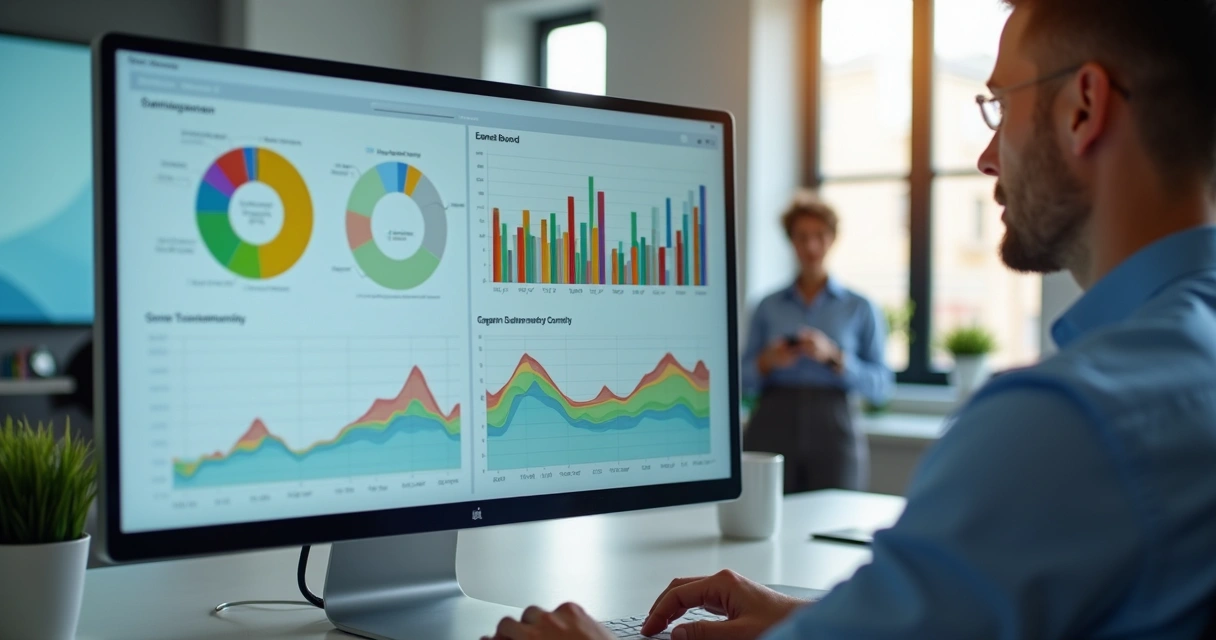 Profissional analisando dashboard de dados no escritório 