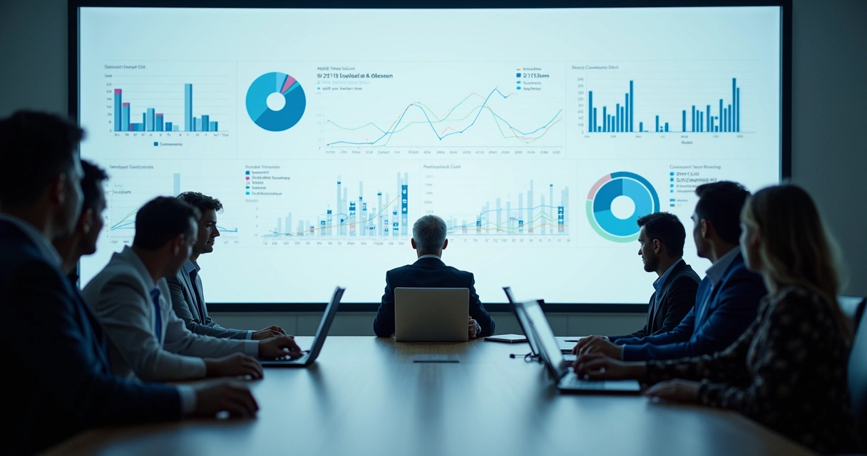 Dashboard exibindo KPIs de automação em tela de reunião executiva 
