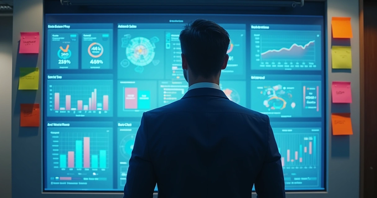 Gestor analisando dashboard de vendas e leads 