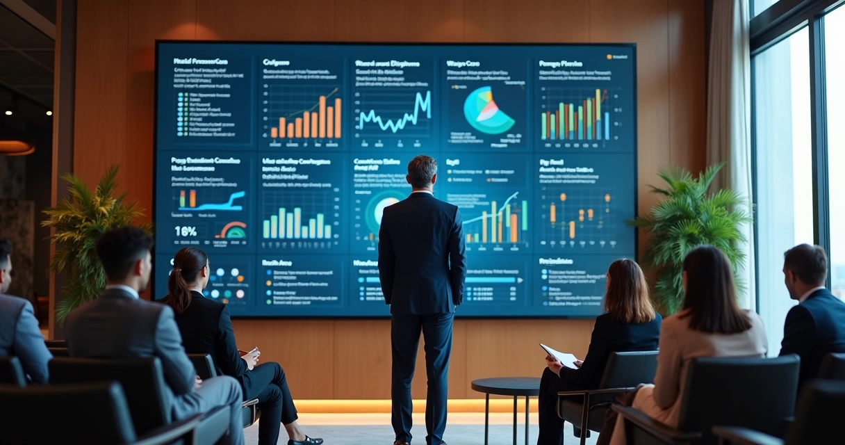 Gestor analisando dashboard de vendas em tela grande. 