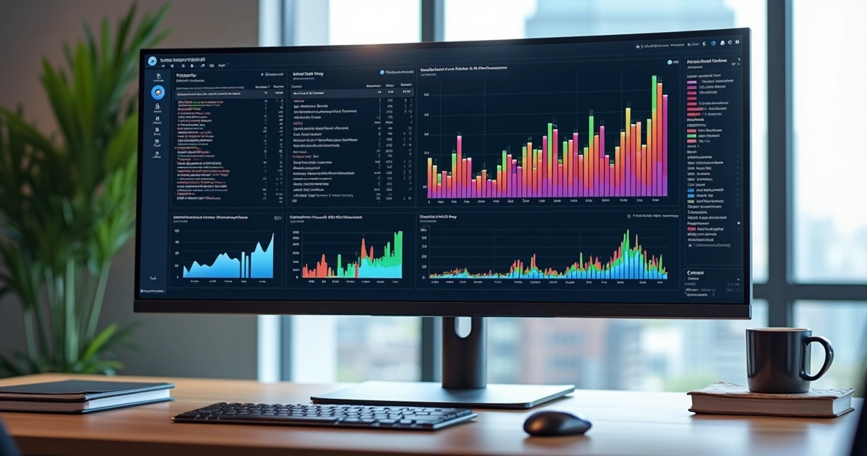 Tela de computador mostrando código DAX e gráficos do Power BI com fundo de escritório moderno 