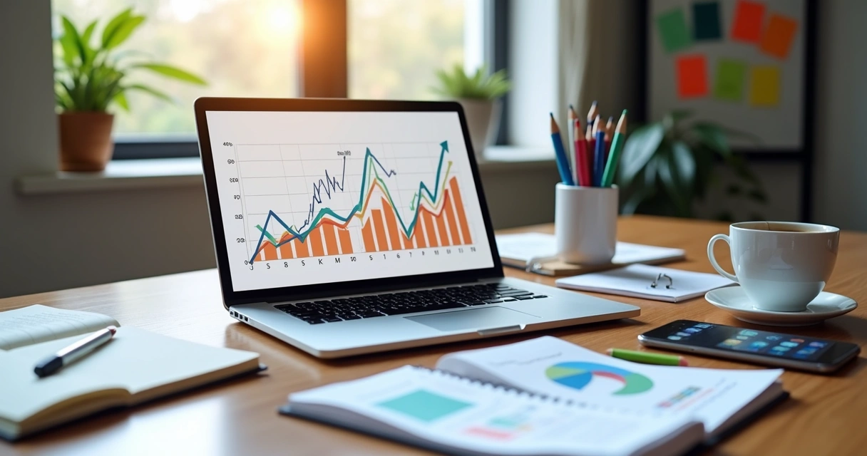 Mesa de trabalho com laptop exibindo gráficos de desempenho de anúncios digitais e anotações ao redor 