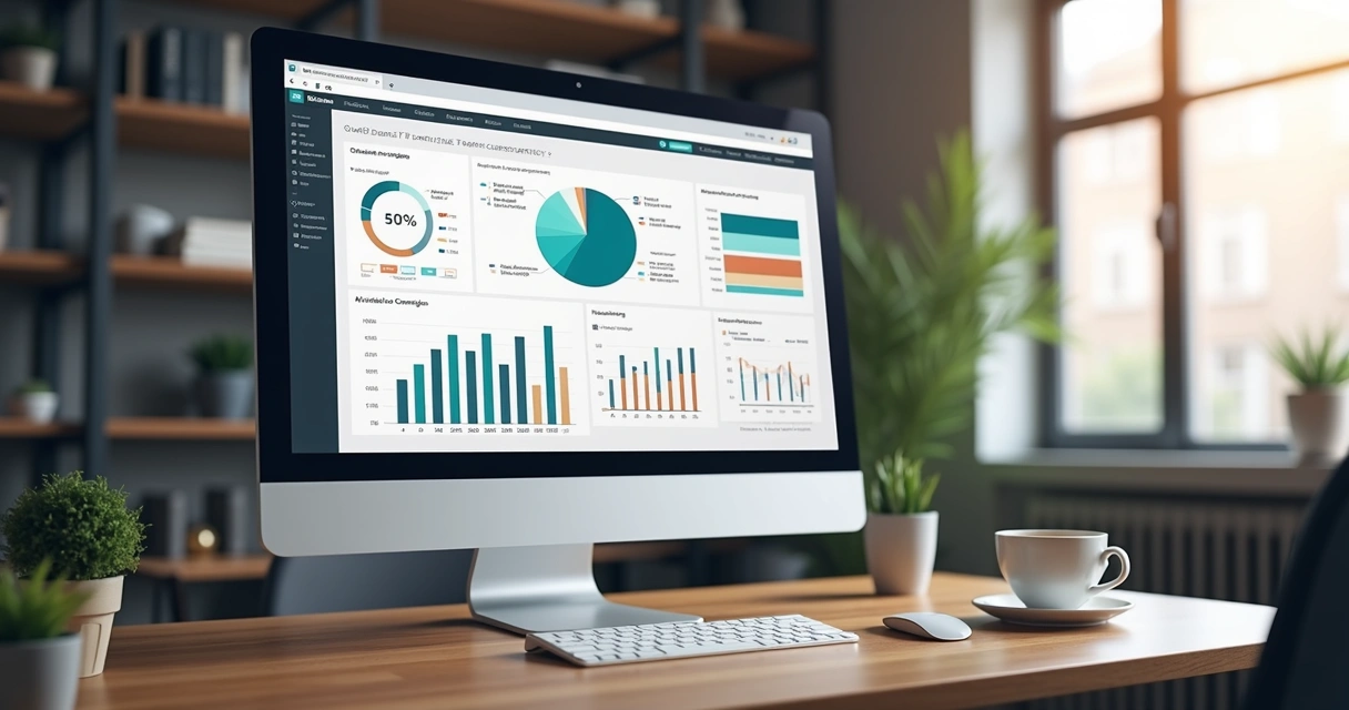 Computador exibindo painel de controle detalhado com dados de campanhas de mídia paga e gráficos de desempenho em escritório moderno 
