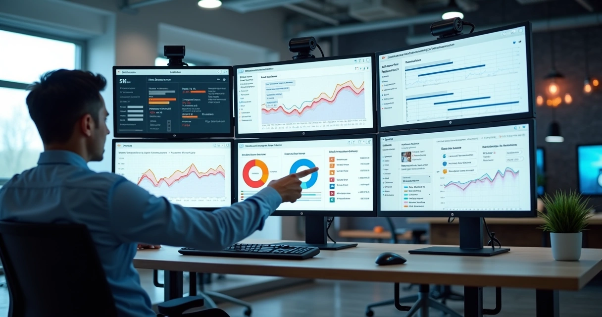 Pessoa analisando dados de canais de YouTube em múltiplas telas de computador com gráficos complexos e relatórios digitais 
