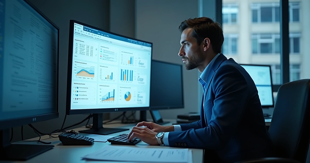 Profissional analisando casos de clientes em painel financeiro 