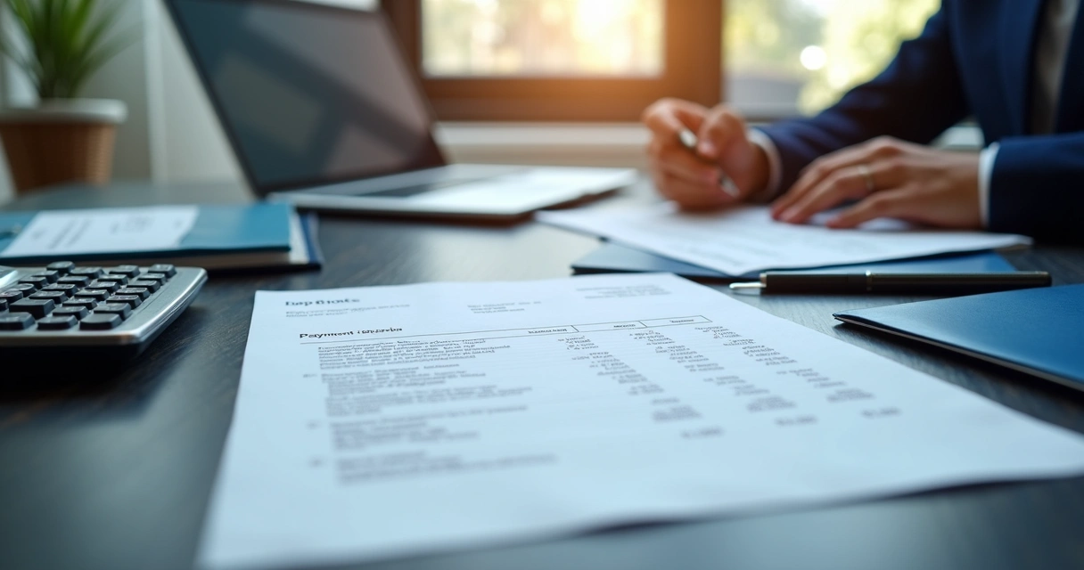 Documentos financeiros e contrato em análise sobre mesa corporativa 