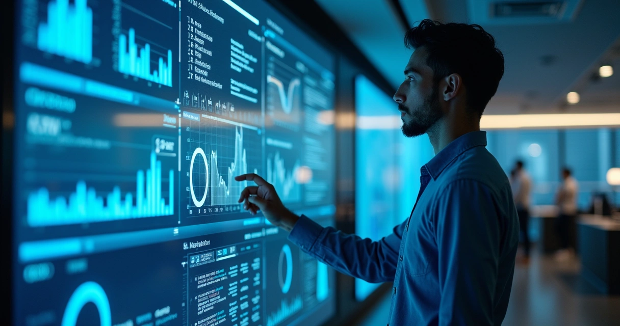 Técnico analisando cookies em painel digital 