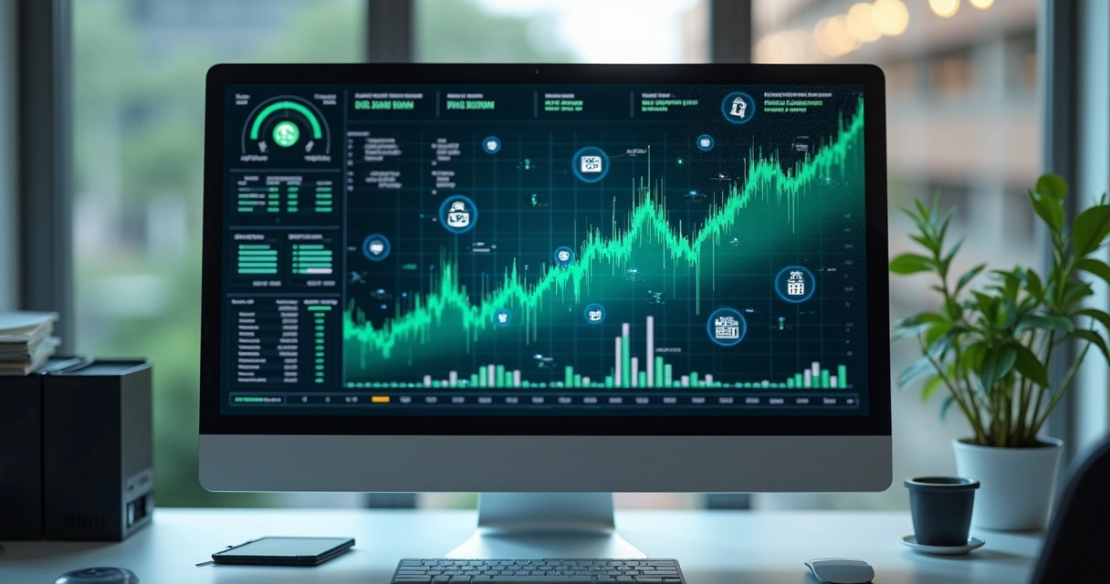 Tela de computador exibindo gráficos financeiros detalhados e ícones representando bureaus de dados e análise de crédito 