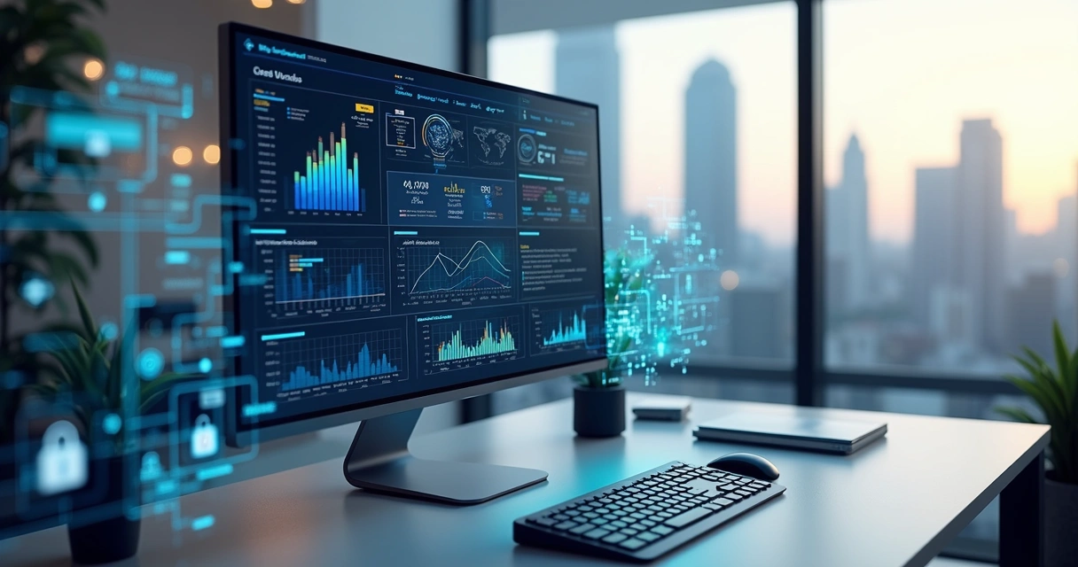 Tela de computador mostrando gráficos e dados de análise de crédito com elementos de inteligência artificial e big data 