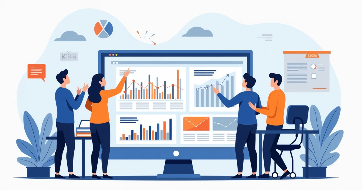 Ilustração corporativa mostrando equipe analisando dados e gráficos em computador para revisar crises antigas e aprender lições 