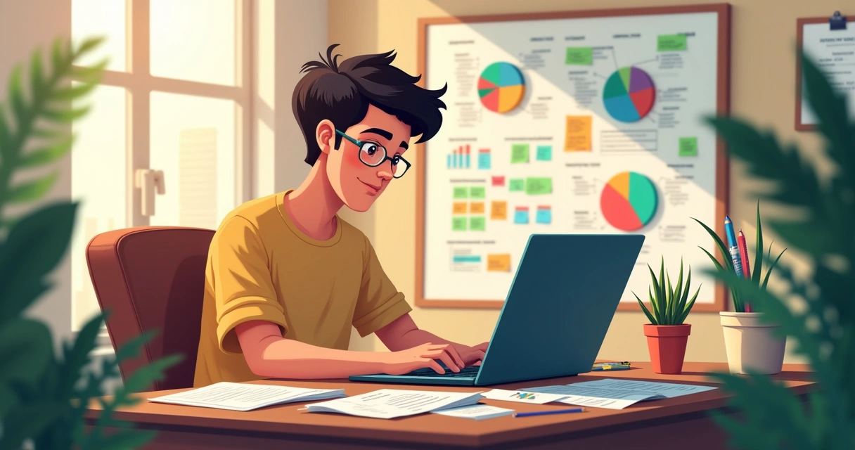 Jovem empreendedor analisando documentos financeiros em um escritório pequeno.