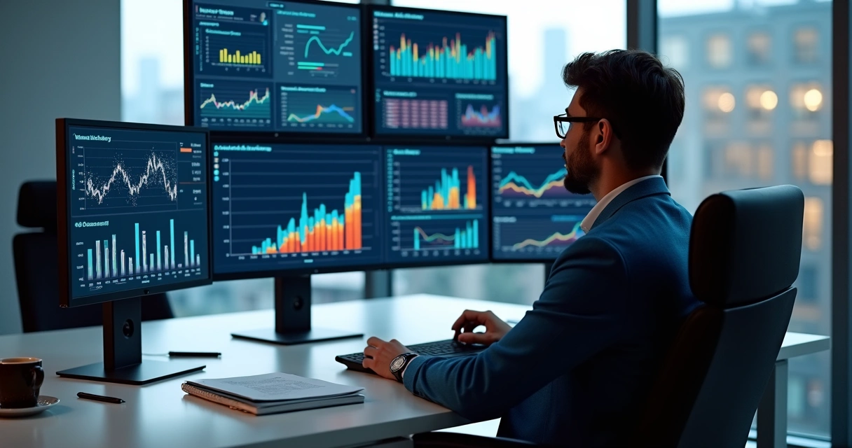 Profissional analisando gráficos de desempenho de campanhas de mídia paga no computador 