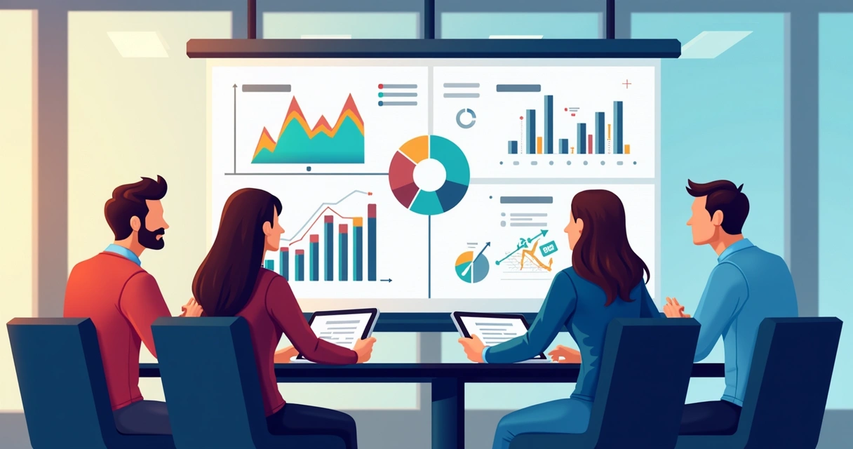 Profissionais em uma sala de reunião analisando painel de dados digital 